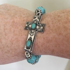 Turquoise + Silver Cross Bracelet